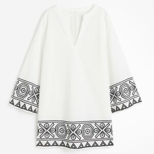 H&M White Long-sleeve Dress with Black Embroidery Sz. XXL